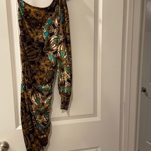 BEAUTIFUL NAVY, Gold, and Green print asymmetrical sleeve dress , STRETCHY